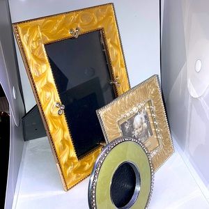 Lot of 3 clear rhinestones pearls yellow enamel tabletop picture frames